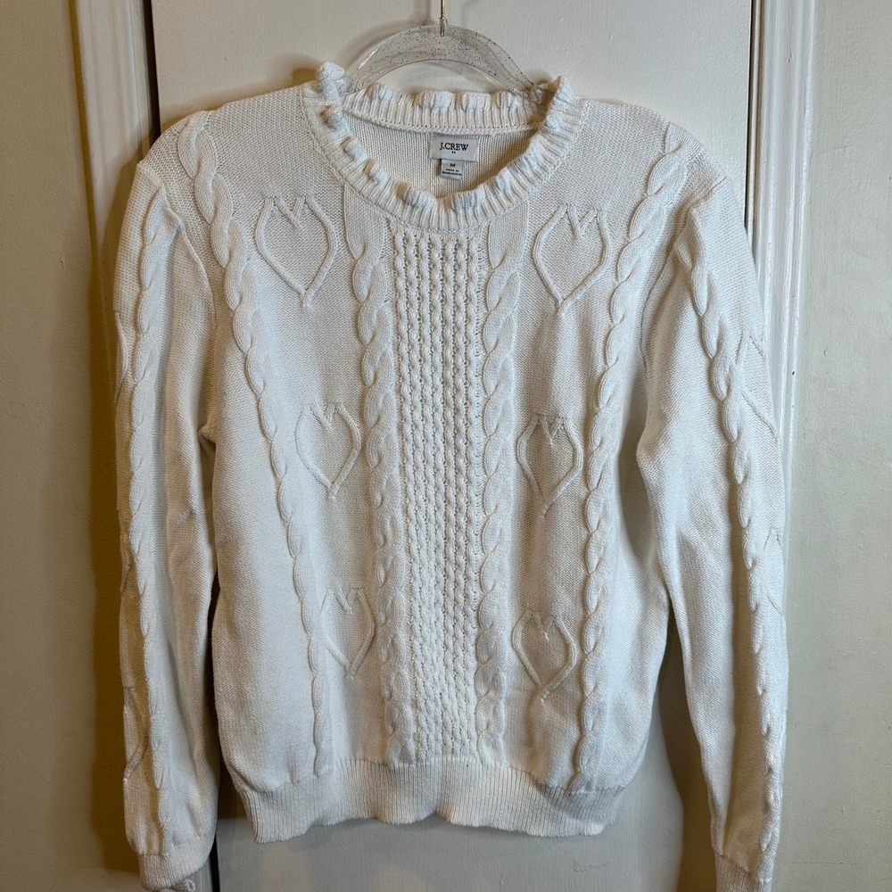J.Crew Ivory Heart Cable Knit Ruffle Neck Cotton Sweater White Medium Feminine